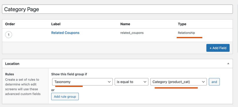 acf field group for related coupons in the category page of woocommerce